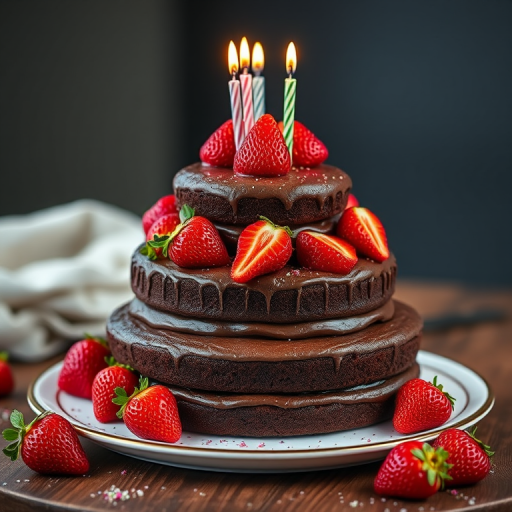 Create a three-tiered chocolate cake adorned with fresh strawberries and birthday candles, captured in high resolution with a DSLR camera set to f/2.8 aperture, ISO 100, and a 50mm lens for a shallow depth of field, shot from a slight diagonal angle to enhance the cake's visual appeal.