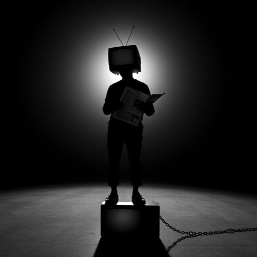 A silhouette of a person with a television on their head, holding a newspaper, standing on a chain tethered to an old TV set, captured with a Canon EOS R5, 50mm lens, f/2.8 aperture, ISO 100, 1/200s shutter speed, natural lighting, high contrast black and white style.