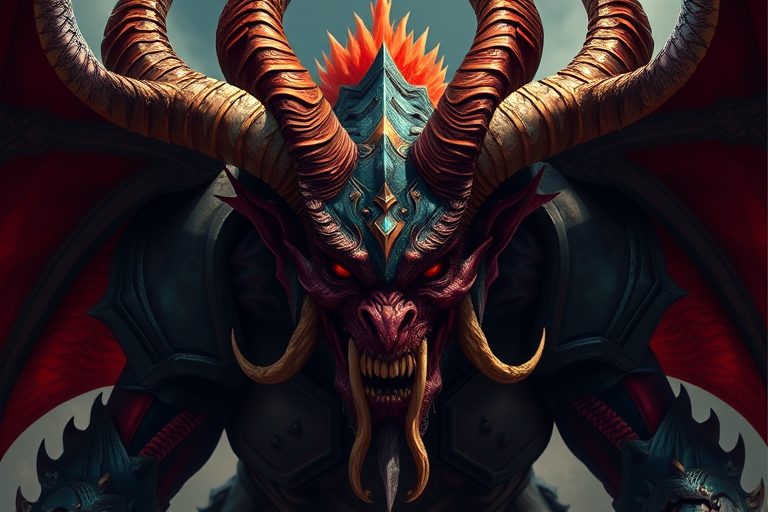 Create a highly detailed digital illustration of a fierce demon with multiple heads and large horns, showcasing intricate armor and vibrant colors, using a Canon EOS 5D Mark IV with a 24-70mm f/2.8 lens, setting aperture to f/4, ISO 100, and shutter speed 1/125s, captured from a low angle to enhance depth and drama in a realistic style.