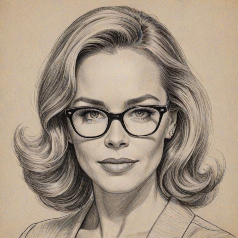 Enticing Julie Benz, pencil sketch, portrait of Dazzling woman 1950s in glasses, hair style beatnik, outline, clear lines, fine lines, 8k