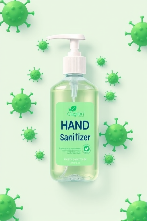 create a high-resolution vector illustration of a hand sanitizer bottle with green virus icons surrounding it, using a soft color palette, camera settings: ISO 100, aperture f/8, shutter speed 1/125, camera view: top-down perspective, camera style: flat lay, camera type: digital illustration