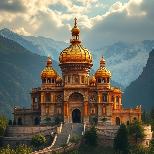 Create a fantasy landscape featuring an ornate golden palace with intricate architecture, surrounded by majestic mountains and luminous skies, captured in high resolution with a Canon EOS R5, 24mm lens, f/11 aperture, 1/125 sec shutter speed, and a vibrant color profile for enhanced details and dynamic range.