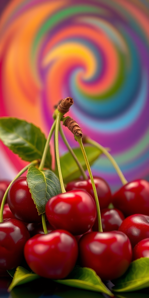 Create a hyper-realistic image of shiny red cherries with vibrant green leaves, set against a colorful swirling abstract background, captured with a Canon EOS R5 at f/2.8, ISO 100, 50mm lens, in soft-focus photography style for enhanced depth and clarity.