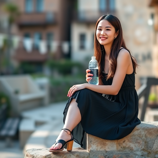 regenerate the image of a young woman sitting on a stone with a water bottle, wearing a black dress and sandals, soft focus background, natural light, aperture f/2.8, ISO 200, focal length 50mm, DSLR camera, shallow depth of field.