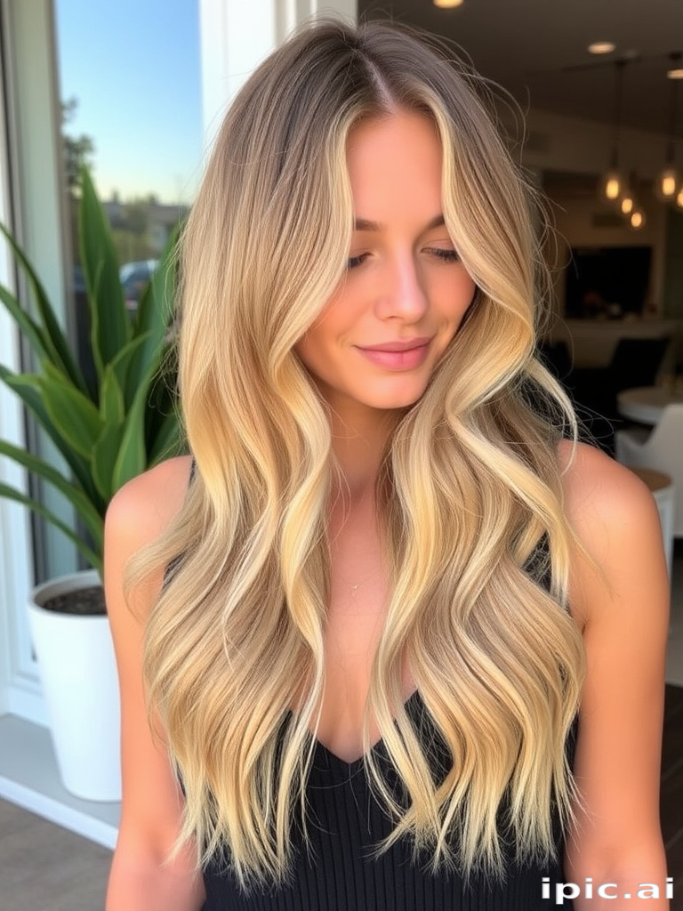 Chic honey blonde lob christened "Golden Hour" styled with beachy waves and sun-kissed balayage, exuding effortless elegance and warmth