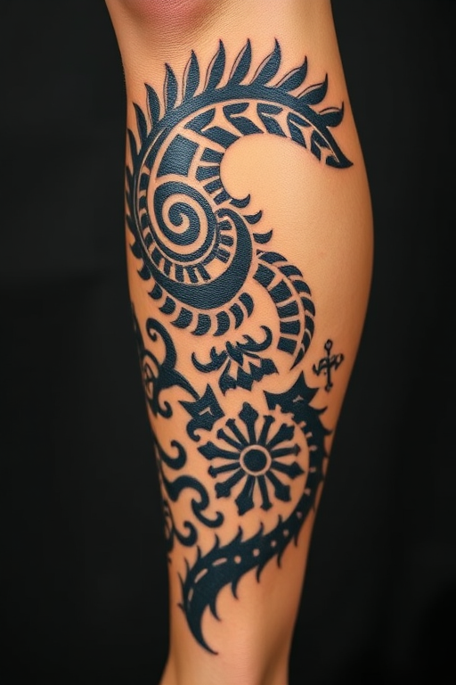 Polynesian-inspired tribal tattoo wrapping around the calf, featuring bold black patterns and symbols telling a personal story through traditional motifs