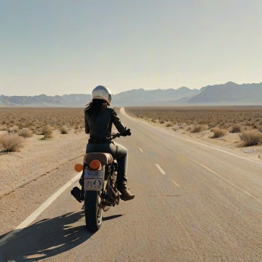 Empty desert road stretching to the horizon, a vintage motorcycle parked on the side as a woman pulls off her helmet, taking in the vast, open landscape.