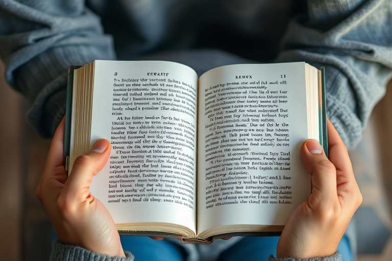 regenerate an open book held in hands, focus on the textures of the pages and cover, soft natural lighting, shallow depth of field, ISO 200, aperture f/2.8, shutter speed 1/125s, using a DSLR camera with a 50mm lens, top-down view, high resolution