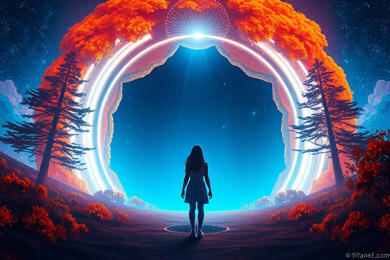 Create a vibrant, futuristic landscape featuring a girl standing before a glowing archway surrounded by trees, with a mystical blue light emanating from the portal, captured using a Canon EOS R5, 24mm lens, f/2.8 aperture, ISO 100, 1/60 sec shutter speed, in an ultra-realistic digital painting style.