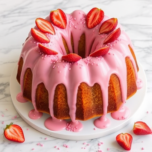 A beautifully decorated bundt cake with a pink strawberry glaze dripping down the sides adorned with dried strawberry slices and pink sprinkles on a marble surface with scattered strawberry pieces around it.