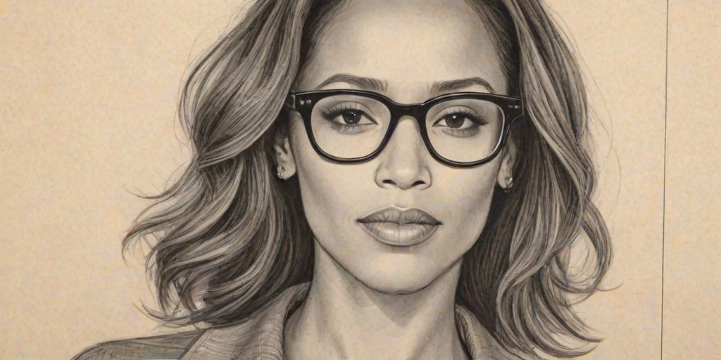 Charming Dania Ramirez, pencil sketch, portrait of Appealing woman 1932s in glasses, hair style beatnik, outline, clear lines, fine lines, 8k