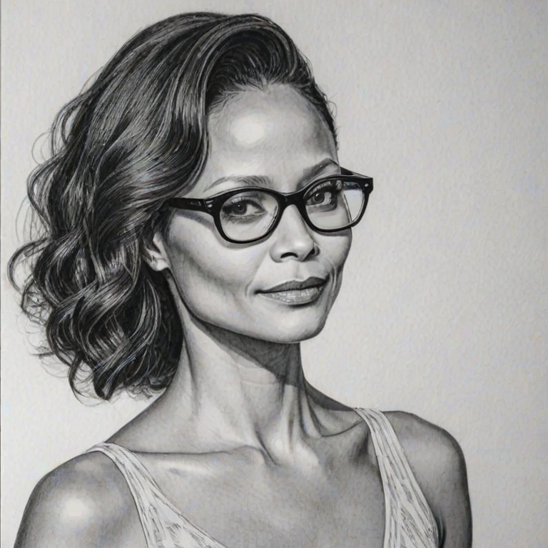 Ravishing Thandie Newton, pencil sketch, portrait of Radiant woman 1928s in glasses, hair style beatnik, outline, clear lines, fine lines, 8k