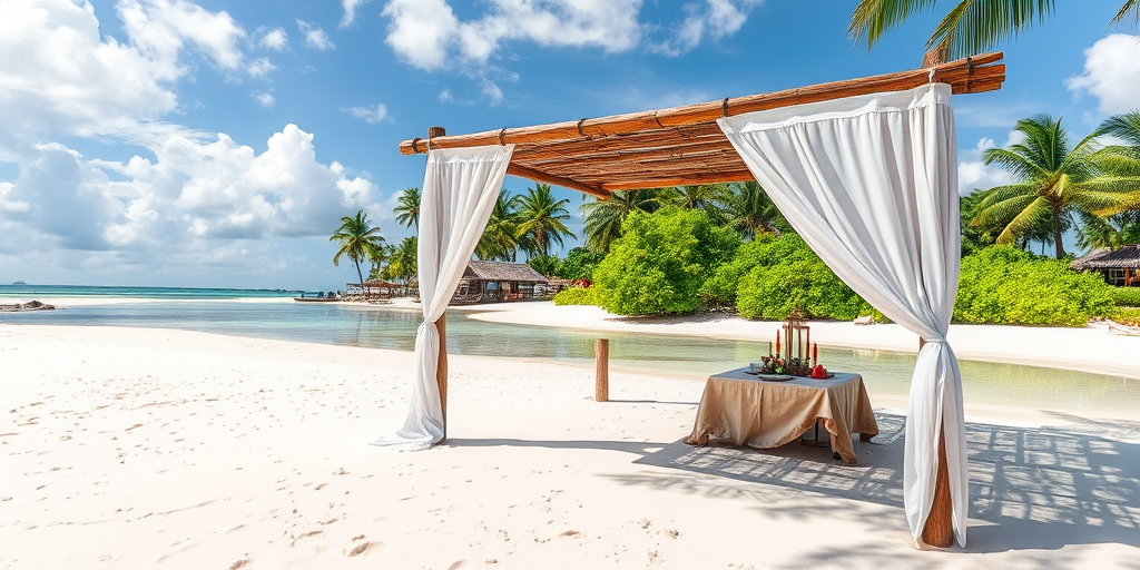 Create a picturesque tropical beach scene featuring a serene, white sandy shore. In the foreground, there's a rustic wooden canopy with white drapes gently flowing in the breeze. Underneath the canopy, a table is set with tropical decor, evoking a sense of relaxation and leisure. The beach extends into a calm, shallow water area with reflections of the sky and surroundings. Palm trees and lush greenery line the edge of the beach, providing a natural, tropical backdrop. The sky is clear with a few scattered clouds, and the overall atmosphere is tranquil and inviting, perfect for a peaceful retreat.