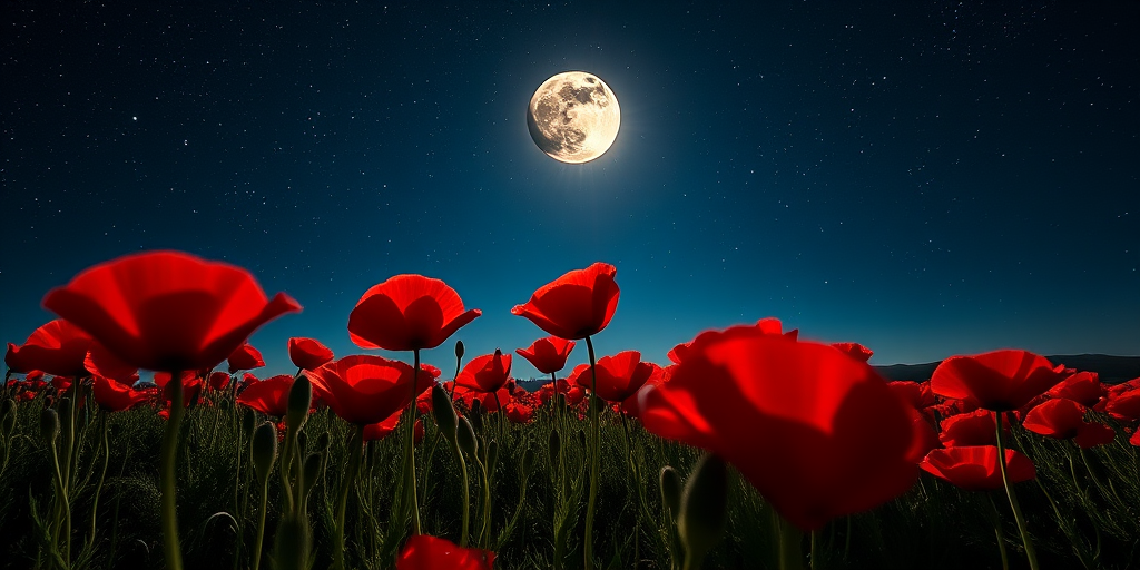 a stunning nighttime scene of vibrant red poppies in a field under a starry sky with a large, luminous moon, captured using a full-frame DSLR camera, 50mm lens at f/1.8, ISO 100, 1/60s exposure, wide-angle view for depth and clarity