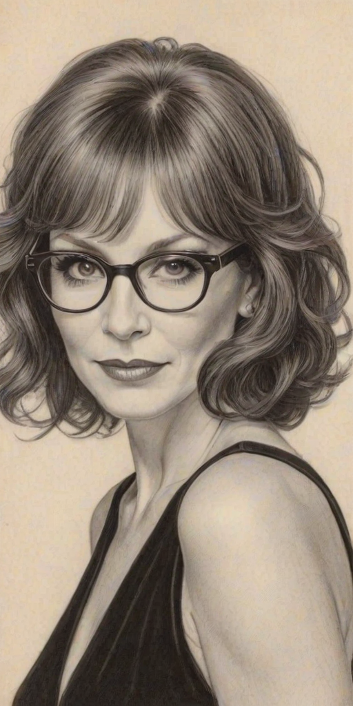 Sublime Marilu Henner, pencil sketch, portrait of Splendid woman 1929s in glasses, hair style beatnik, outline, clear lines, fine lines, 8k
