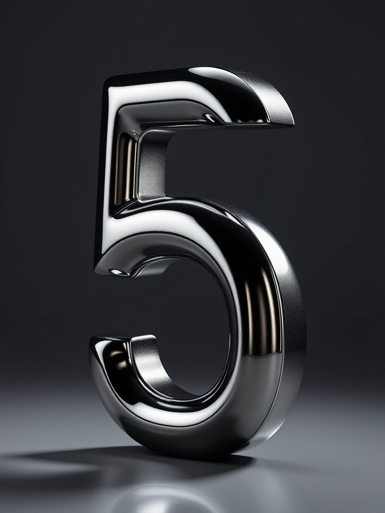 Regenerate a 3D metallic number five with a glossy finish, studio lighting, reflected shadow effect, taken with a Canon EOS R5 at f/2.8, ISO 100, 50mm lens, in portrait orientation.
