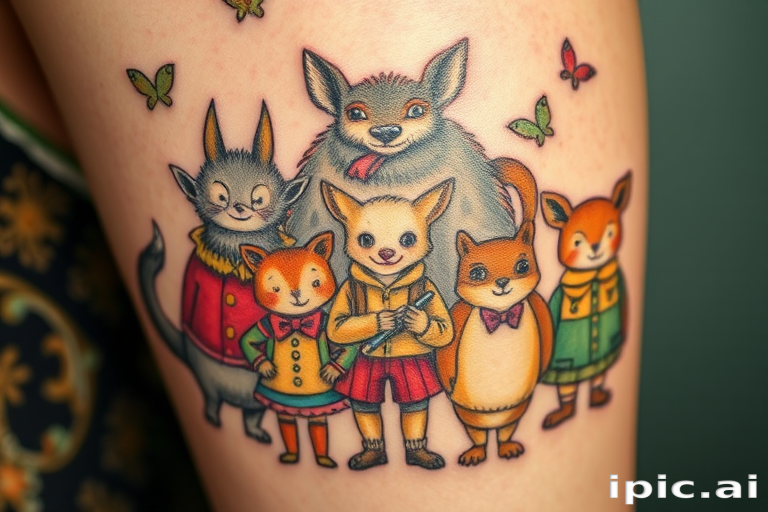 Illustrative tattoo titled "Storybook Menagerie" featuring whimsical animal characters with human-like expressions and clothing, inspired by vintage children's book illustrations, admired for its charming details and nostalgic appeal