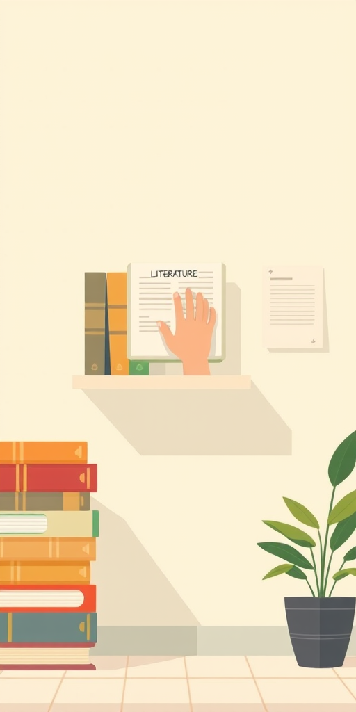 illustration of a person reaching for a book on a shelf labeled "Literature" with a minimalistic background featuring stacked books, a potted plant, and a document on the wall, using a soft color palette, shot with a Canon EOS R5 at f/8, 50mm lens, soft natural lighting, high-resolution digital art style