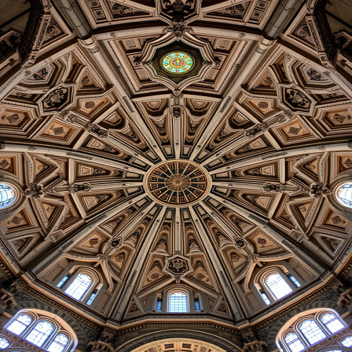 high-resolution image of an intricate architectural ceiling with geometric patterns and detailed designs, taken from a low-angle perspective, 24mm lens, f/8 aperture, ISO 100, HDR imaging technique, natural lighting