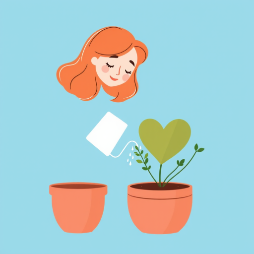 Create a vector illustration of a woman watering a heart-shaped plant in a pot, using a soft color palette, with a bright blue background, camera settings: ISO 100, f/5.6, shutter speed 1/200s, camera view: straight on, camera style: clean and minimalistic, camera type: digital art.