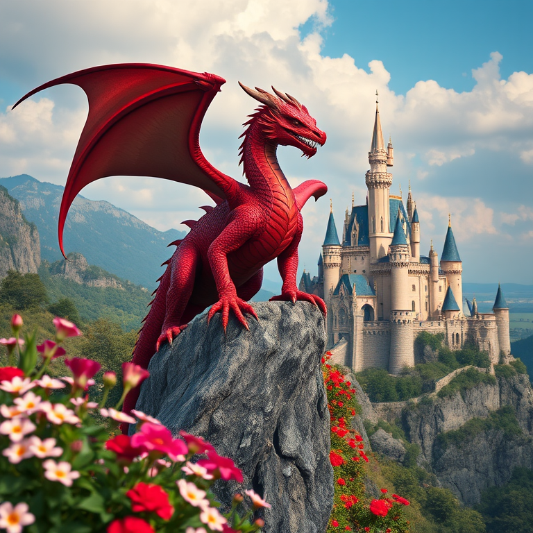 A majestic red dragon perched on a cliff surrounded by vibrant flowers and a scenic castle in the background, shot with a Canon EOS R5, 35mm lens, f/2.8, ISO 200, natural light, cinematic style, vibrant color grading.