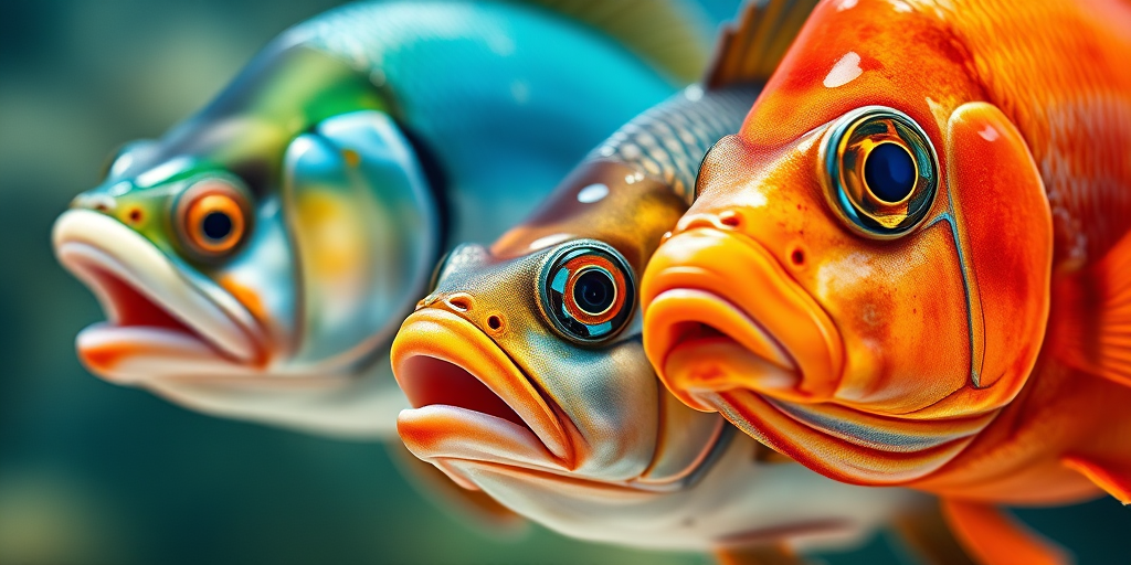 Generate a highly detailed illustration of three types of fish, showcasing vibrant colors and textures, using a high-resolution DSLR camera at f/8 aperture, 50mm lens, natural daylight setting, and a macro photography style to enhance clarity and depth.