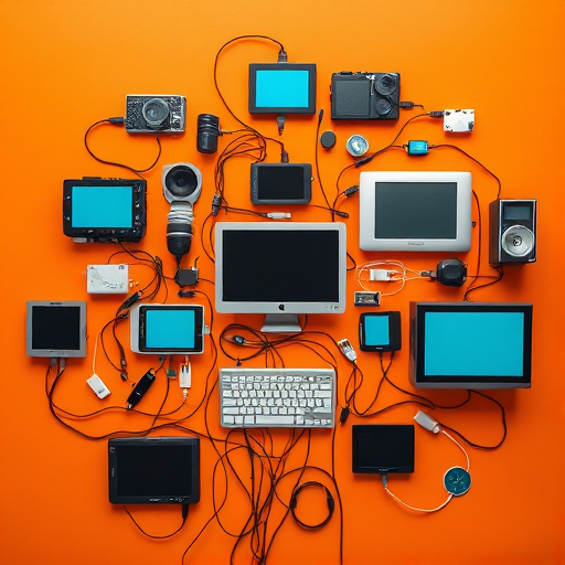 Create a high-resolution digital artwork depicting a tech-themed collage featuring various computer screens, devices, and cables on a vibrant orange background, using a professional DSLR camera with a 50mm lens, f/1.8 aperture, ISO 100, and a top-down view to highlight the intricate details.