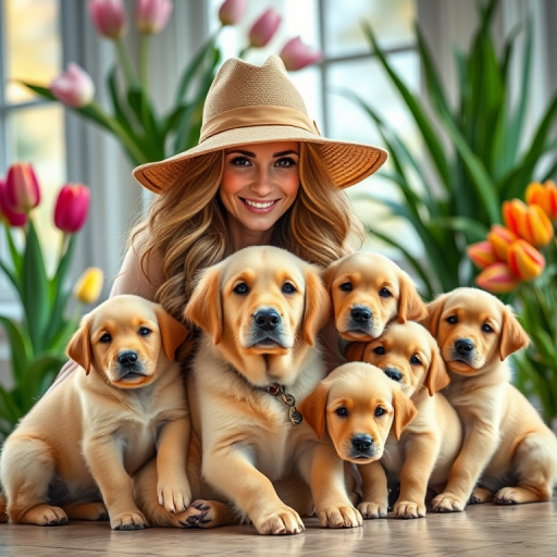 Capture a heartwarming scene of a woman with long, wavy hair wearing a wide-brimmed hat, sitting with a golden retriever dog and four adorable golden retriever puppies in a lush indoor setting with tulips and flowers, using a DSLR camera with a 50mm lens, aperture f/1.8, ISO 200, natural light, soft focus background for enhanced depth.