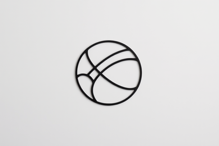 A high-resolution image of a simple black outline basketball icon on a light gray background, with a Canon EOS R5 camera, 50mm lens, f/1.8 aperture, ISO 100, shot from a straight-on angle using flat lay style.