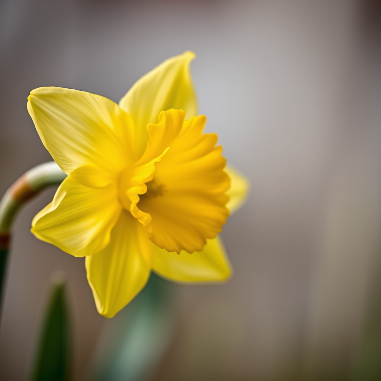 Close-up of a vibrant yellow daffodil with soft-focus background, shot with a Canon EOS 5D Mark IV, 50mm f/1.8 lens, aperture set to f/2.8, ISO 100, natural lighting, shallow depth of field to enhance detail and bokeh effect.