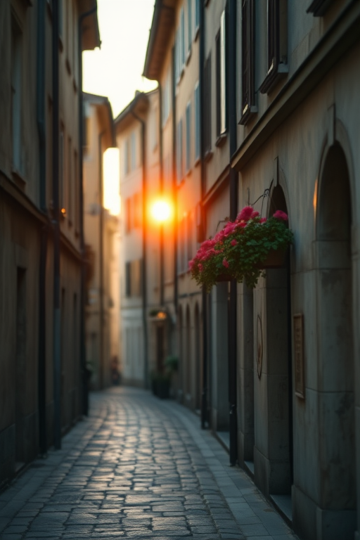 Soft-focus image of a narrow alleyway in a historic European town at sunset, with soft golden light reflecting off cobblestones and flower boxes hanging from windowsills.