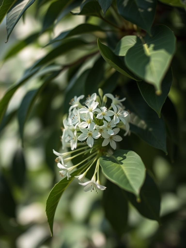 Capture a close-up of white flowers on a branch surrounded by dark green leaves using a DSLR camera with a 50mm lens, aperture f/2.8, shutter speed 1/200, ISO 100, in natural lighting, focusing on the flowers to create a shallow depth of field.