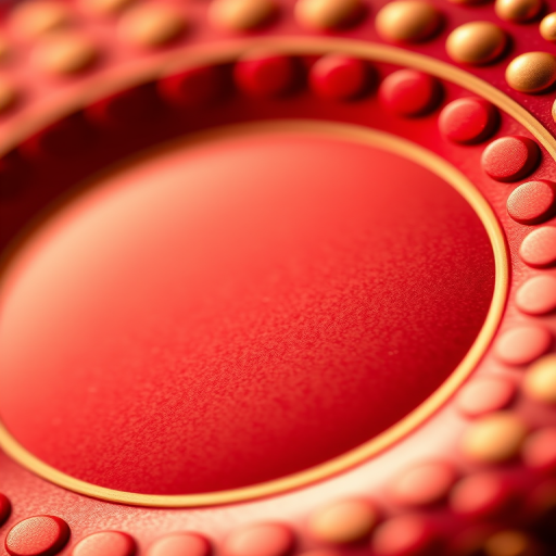 Create a high-resolution graphic design of a circular pattern with red and gold colors, featuring various sized circles along the edge, using a macro lens, f/8 aperture, 1/125s shutter speed, and ISO 100 to enhance detail and depth.