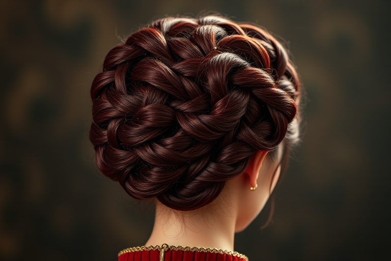 Regal burgundy updo intricately braided into a crown-like formation, Empress's hair exudes sophistication and power, adorned with delicate golden threads woven throughout the elaborate style