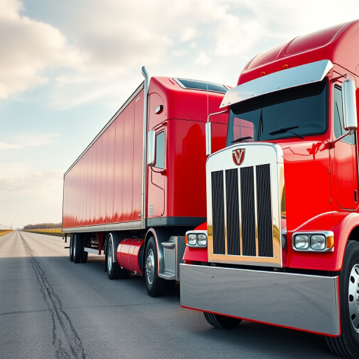 Create a realistic 3D render of a bright red semi-truck with a long trailer, captured with a Canon EOS R5 camera at f/8, 1/125s shutter speed, ISO 100, using a wide-angle lens, from a low angle view to emphasize the truck's size and details, in high dynamic range for vibrant colors.