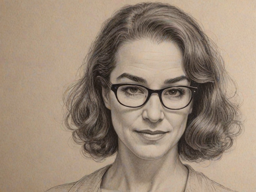 Enchanting Mandy Patinkin, pencil sketch, portrait of Gorgeous woman 1925s in glasses, hair style beatnik, outline, clear lines, fine lines, 8k