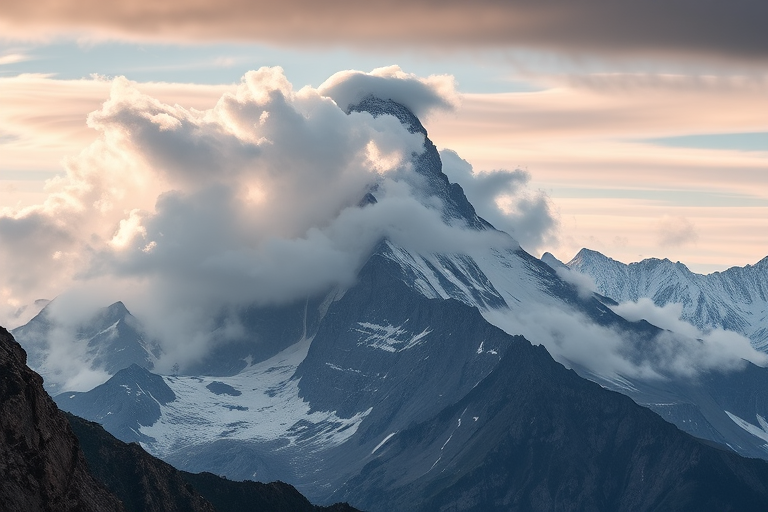 create a breathtaking mountain landscape with a towering peak partially shrouded in clouds and dramatic lighting, showcasing rugged terrain and distant snow-capped summits