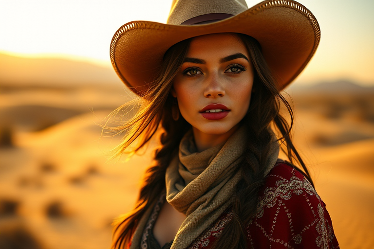 Dramatic photo of a beautiful Azerbaijani woman, classic cowboy attire, confident and free spirit expression, half-length portrait, centered, golden hour desert landscape, warm, diffused light, low angle, medium format film camera, in style of Annie Leibovitz.
