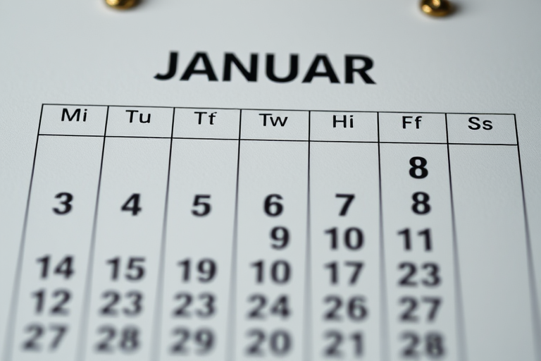 Create a high-resolution image of a calendar for January with clear, bold numbers and a modern design, using a digital camera with a focal length of 50mm, aperture set to f/2.8, ISO 100, captured from eye level, with a bright lighting setup for enhanced clarity.