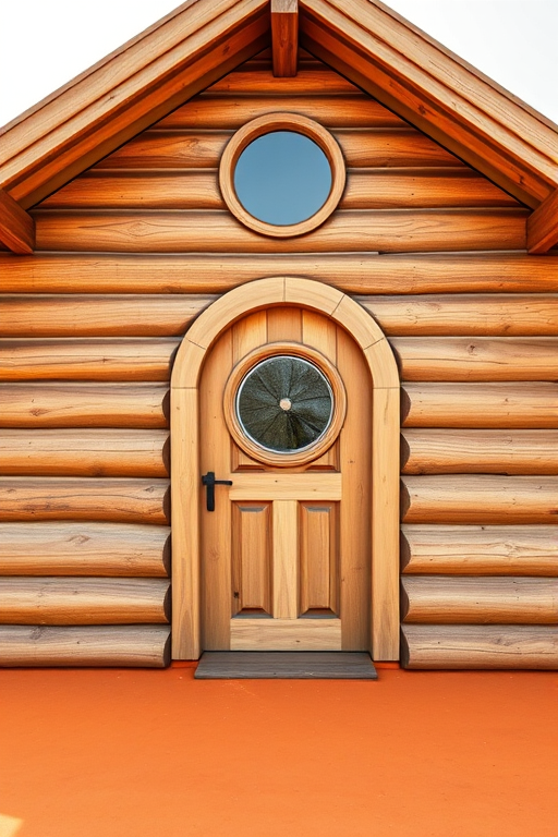 Generate an image of a wooden log cabin with a circular window and a door, set on an orange ground, captured with a DSLR camera at f/8, ISO 100, 50mm lens, in natural light with a front view and vibrant colors.