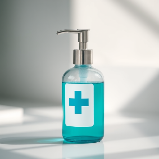 Design a minimalist soap dispenser with a turquoise bottle and a white label featuring a blue cross symbol, captured with a Canon EOS R5, 50mm f/1.8 lens, at f/2.8, ISO 100, using natural soft lighting from the left side, with a slight bokeh effect in the background.