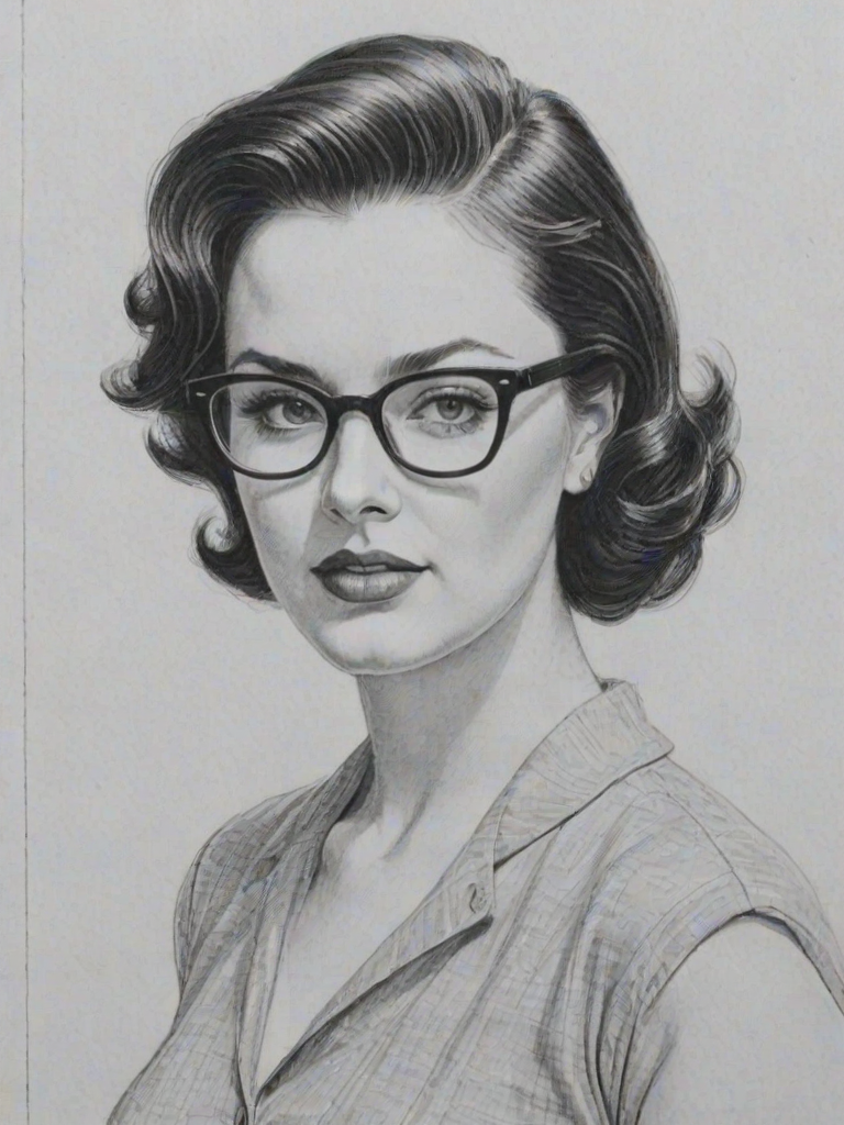 Enchanting Lauren Ash, pencil sketch, portrait of Elegant woman 1954s in glasses, hair style beatnik, outline, clear lines, fine lines, 8k