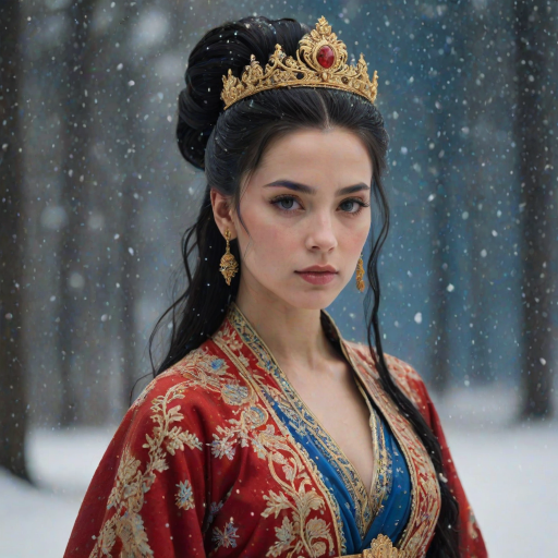 A young woman with long black hair styled in a high bun, adorned with a gold crown and intricate hair ornaments, stares intently at the viewer. She wears a vibrant red and gold embroidered robe with blue accents, a gold belt with a large ornate buckle, and a blue and gold shoulder piece. The woman is positioned in the center of the frame, with the background blurred and filled with falling snow. The image has a soft, ethereal feel with a focus on the woman's face and attire, creating a portrait-like composition. The colors are rich and saturated, with the red, gold, and blue of the clothing standing out against the muted blue and white of the snowy backdrop. The lighting is soft and diffused, casting a warm glow on the woman's face.  The overall mood is elegant and mysterious.  The details of the woman's attire, especially the intricate embroidery and embellishments, add a sense of opulence and grandeur.  The falling snow further enhances the sense of winter magic and wonder.