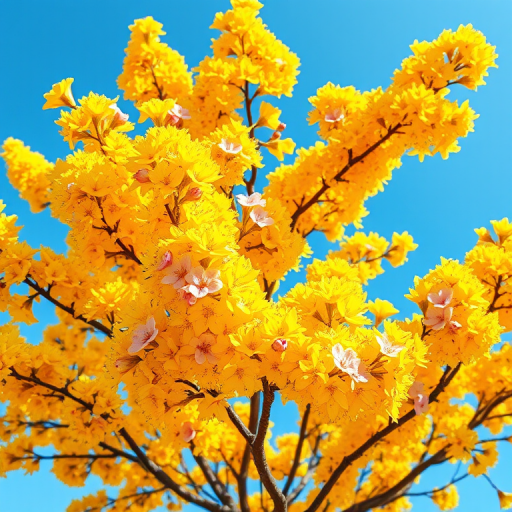 Create a vibrant illustration of a flowering tree with bright yellow foliage and pink blossoms set against a clear blue sky, using a DSLR camera with a 50mm lens, aperture f/4, ISO 100, and a shallow depth of field for enhanced clarity and detail.