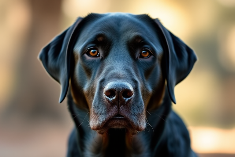 black Labrador retriever portrait, soft focus background, natural lighting, aperture f/1.8, shutter speed 1/100s, ISO 200, 85mm lens, DSLR camera, high-resolution image