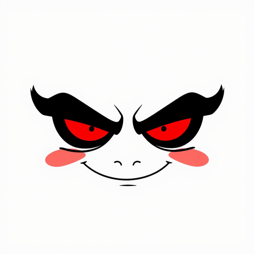 Create a minimalist illustration of a mischievous face with bold black eyebrows, bright red eyes, and a sly smile on a transparent background.