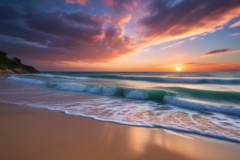 Serene Sunset Over Calm Ocean Waves and Sandy Beach Landscape