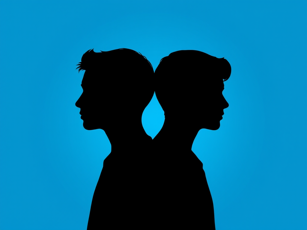 Create a digital illustration of two silhouette heads facing left, against a gradient blue background, using a soft-focus lens effect, with a Canon EOS R5 camera, f/2.8 aperture, 1/100s shutter speed, and ISO 100 settings for enhanced image quality.