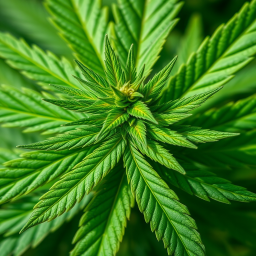 Create a high-resolution image of a stylized green cannabis leaf with intricate textures, shot with a DSLR camera in macro mode at f/2.8, ISO 200, and a shutter speed of 1/100 sec, in natural lighting to enhance color vibrancy and detail.