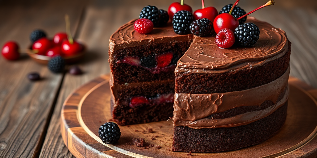 A rich chocolate cake layered with chocolate frosting and filled with red fruit, topped with fresh blackberries and cherries, placed on a rustic wooden table with a slice removed to reveal the layers inside.